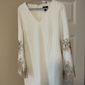 MSK White and Gold Embroidered Long Flare Bell Sleeve Dress Women's Size 6